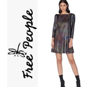 FREE PEOPLE XS DIAMONDS ARE FOREVER MERMAID 3/4 SLEEVE METALLIC DRESS SILVER